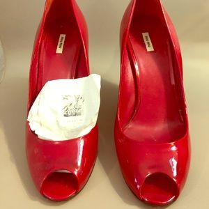Miu Miu Red, Peep Toe, Patent Leather Pumps 37